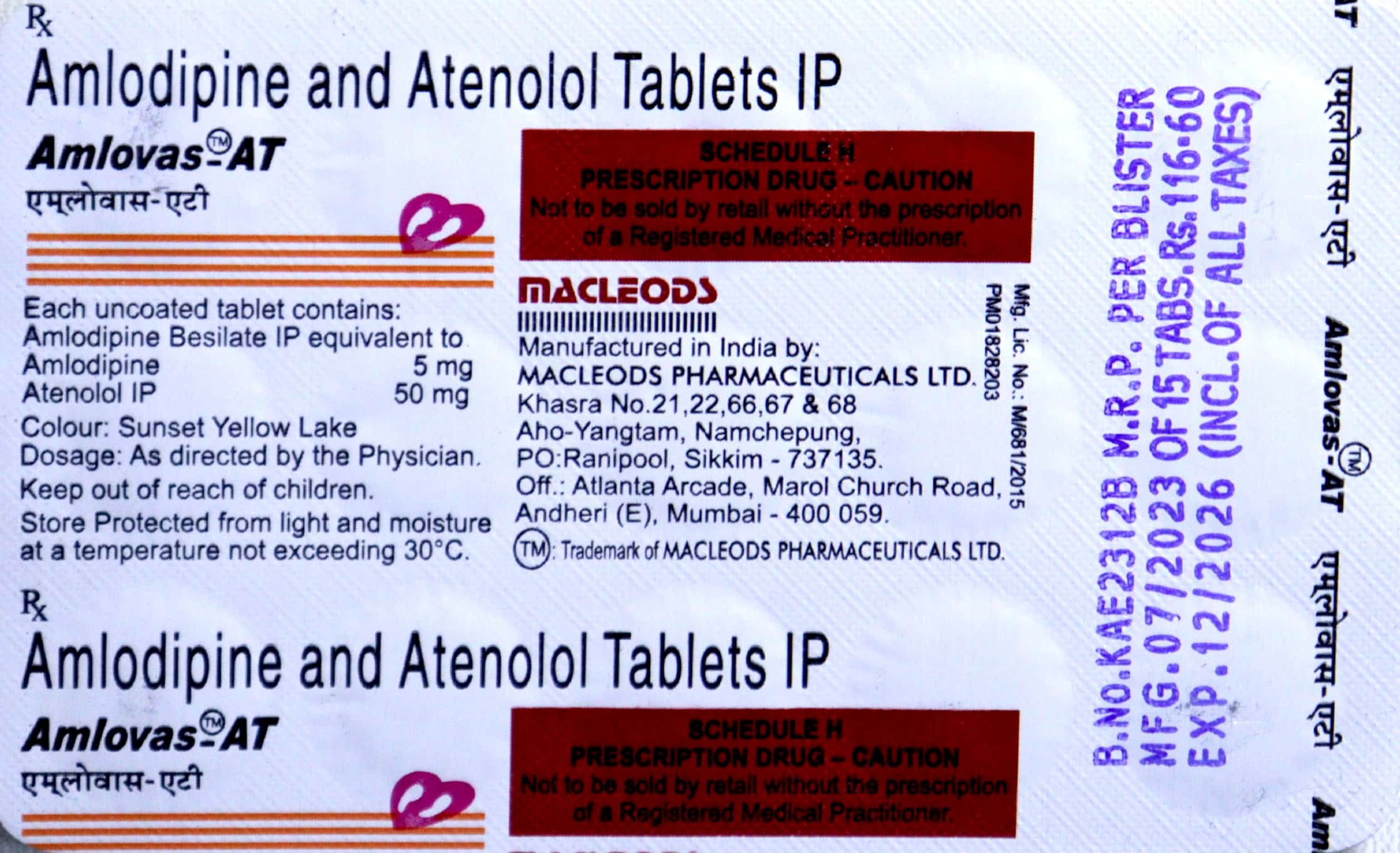 Amlodipine and Atenolol Tablets IP Amlovas AT